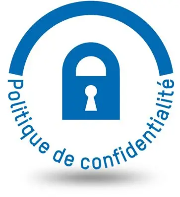 Logo bleu représentant un cadenas entouré d’un arc avec le texte « Politique de confidentialité ».